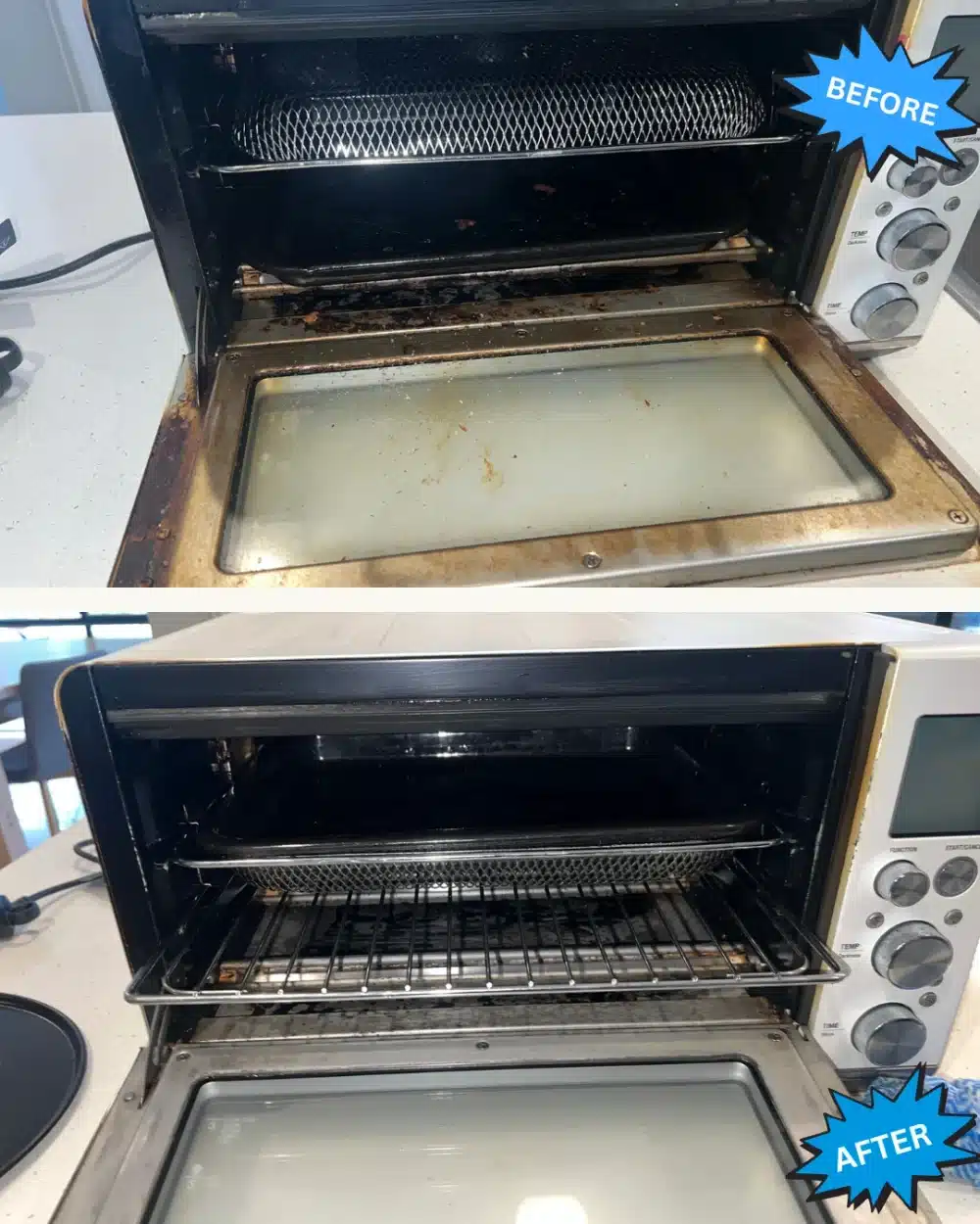 Oven cleaning Brisbane before and after, interior degreased by Optima Cleaners