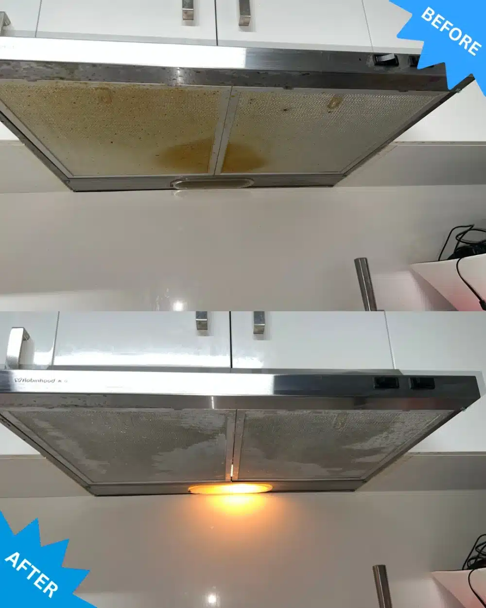 Range hood before and after cleaning by Optima Cleaners