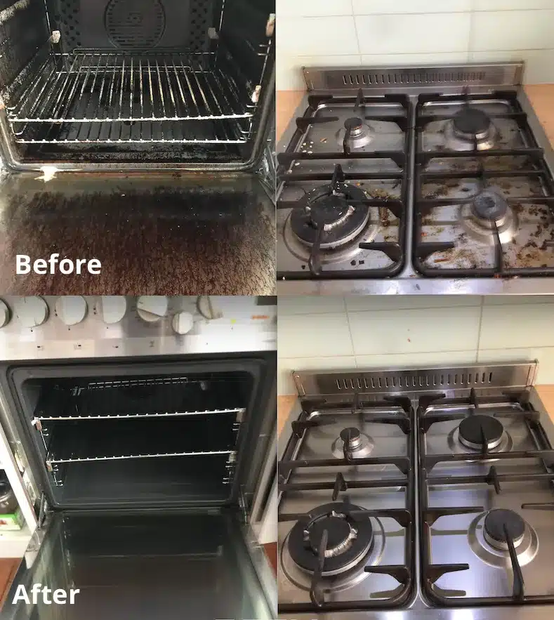 Stove top before and after an Optima Cleaners oven clean