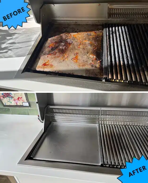 BBQ cleaning Brisbane before and after, grill plates and hood degreased by Optima Cleaners
