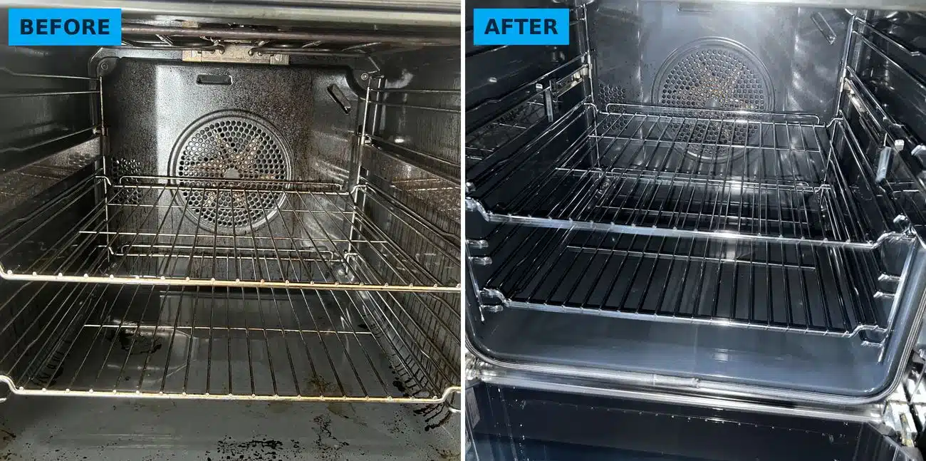 Baked-on oven grime in the cavity before and after cleaning