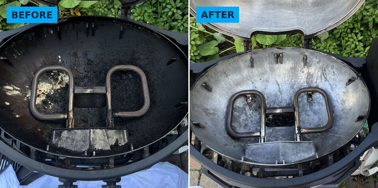 BBQ before and after cleaning, burners clear of carbon