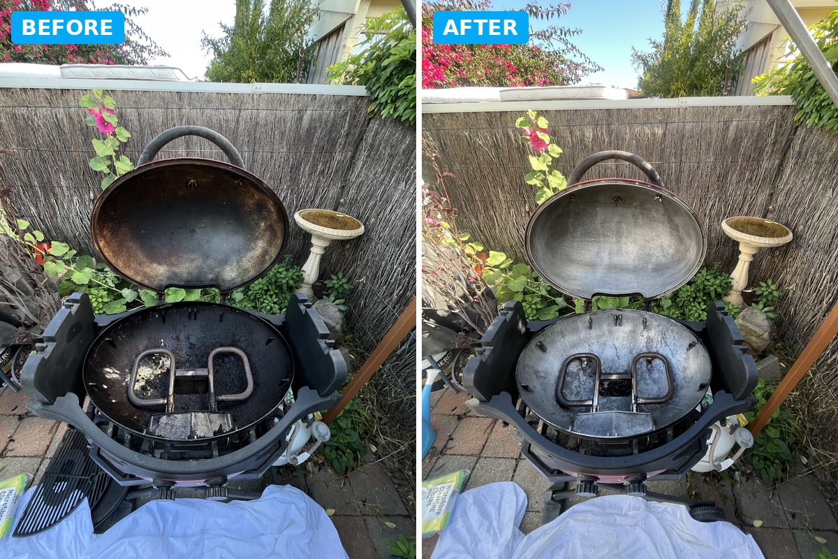 BBQ hood and burners before and after a Brisbane BBQ clean by Optima Cleaners