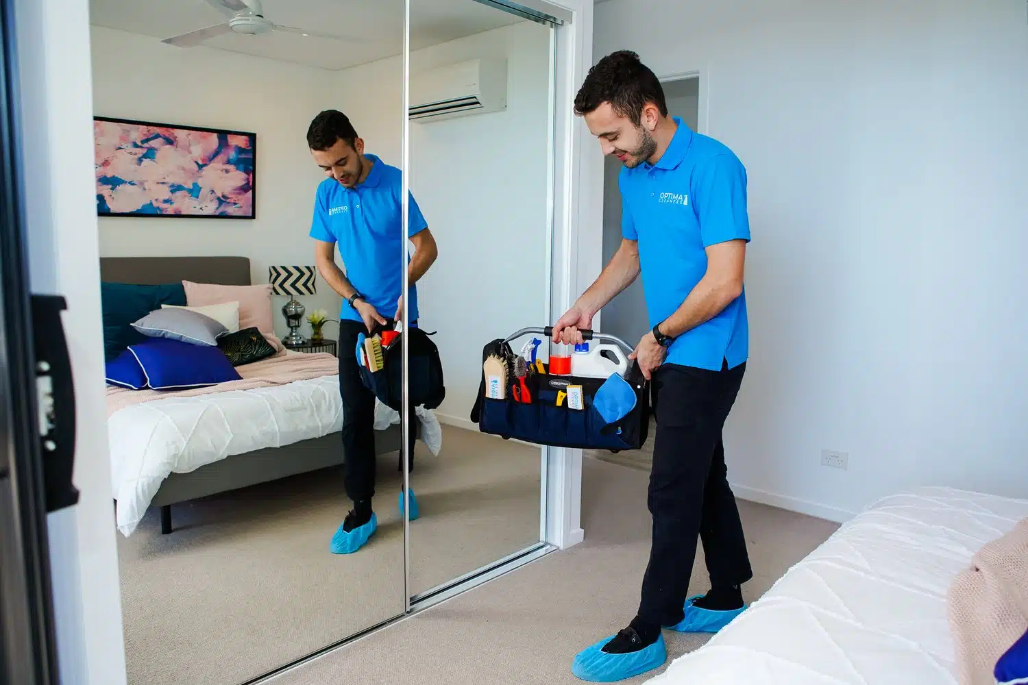 Brushes, cloths and spray bottles used to clean carpet by hand