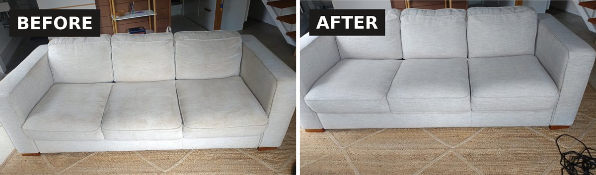 Grey chenille sofa before and after hot water extraction