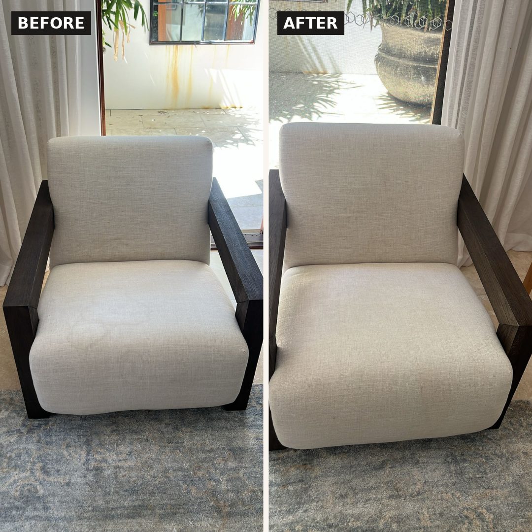 Cream linen armchair before and after professional upholstery cleaning