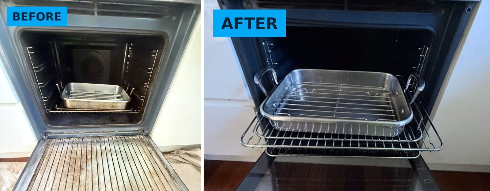 Oven interior before and after a deep clean ready for holiday cooking