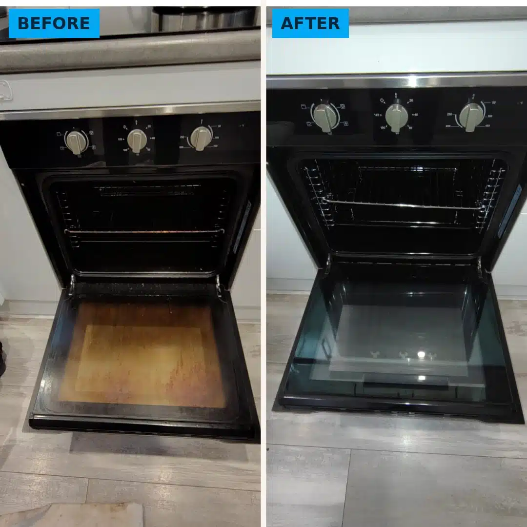 Whole oven before and after a professional clean by Optima Cleaners