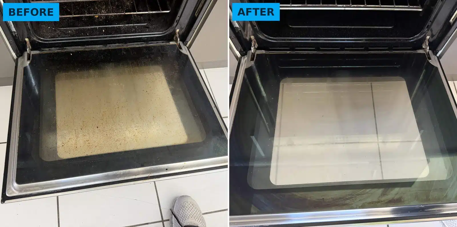 Oven door glass with a baked-on brown grease film, and clear after cleaning