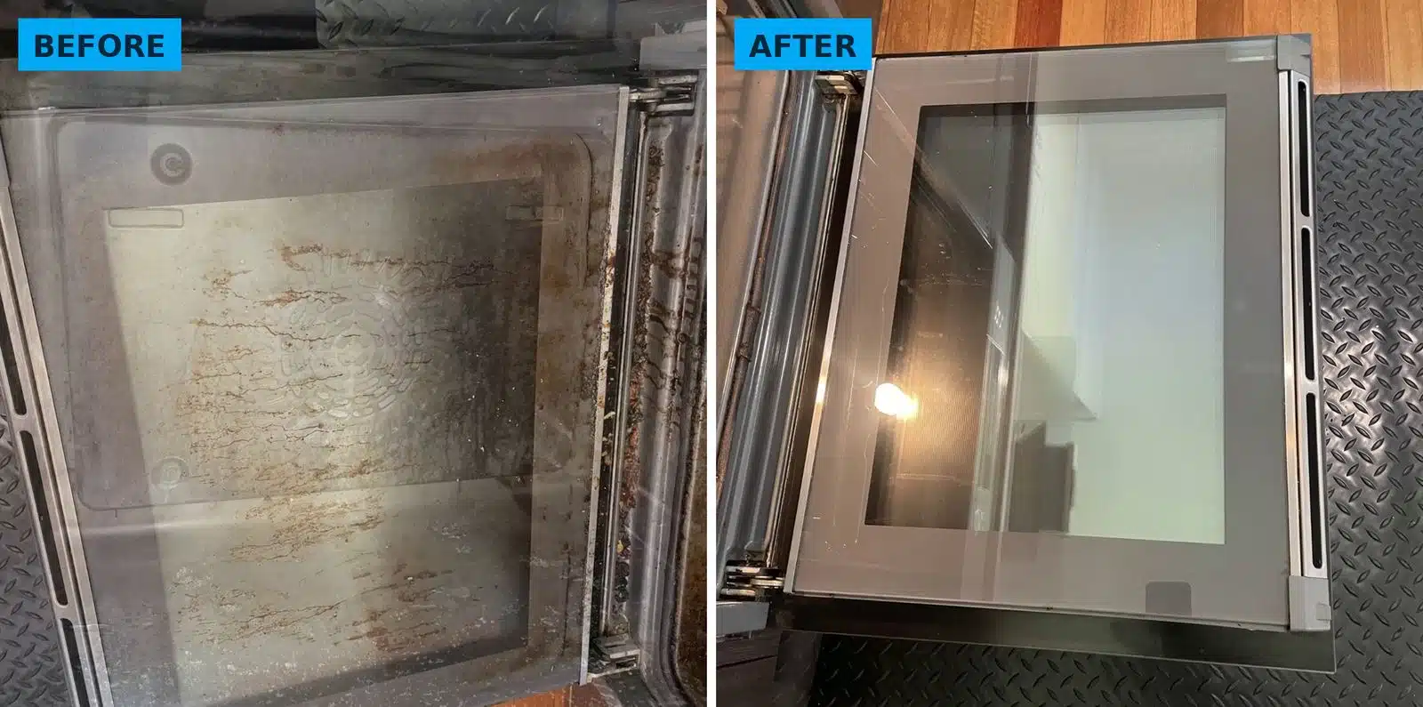 Oven door before cleaning and after removal and cleaning