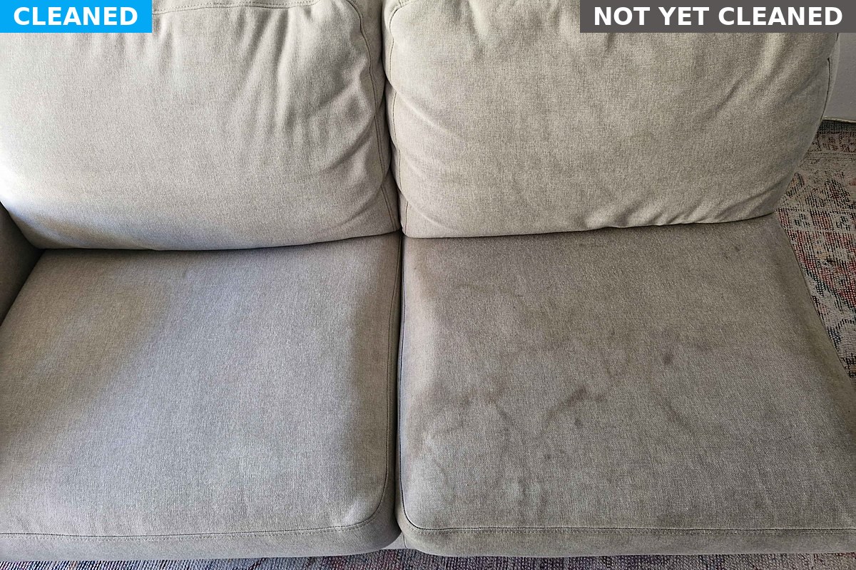 Sofa cushions after cleaning, showing why shampoo residue left in the fabric attracts dirt