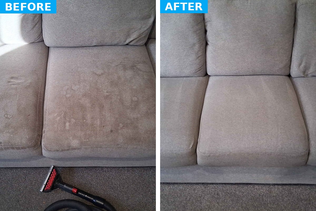 Dry cleaning vs steam cleaning on a sofa, the same cushion before and after
