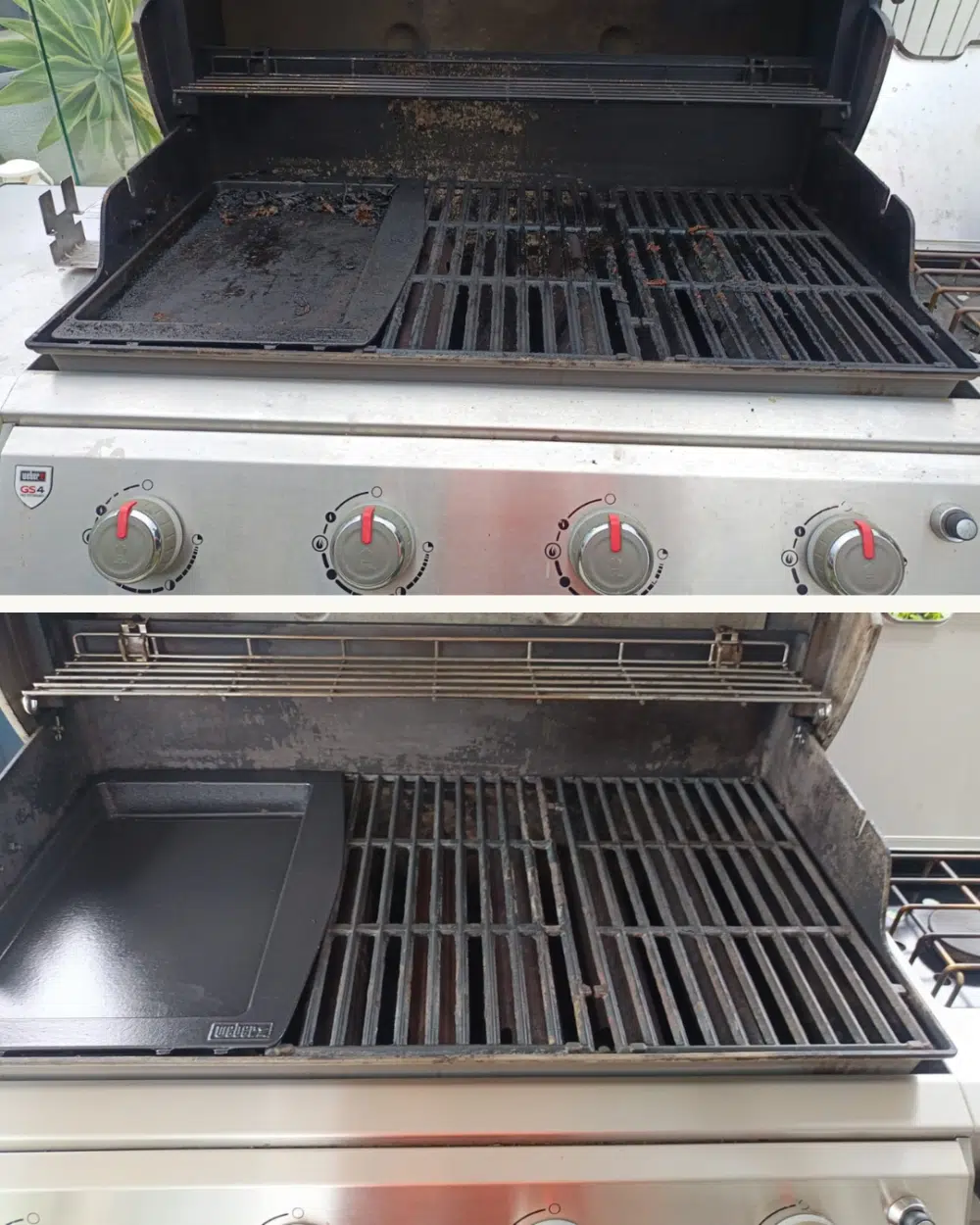 Freestanding BBQ hotplate and grates before and after a professional clean, Ashgrove