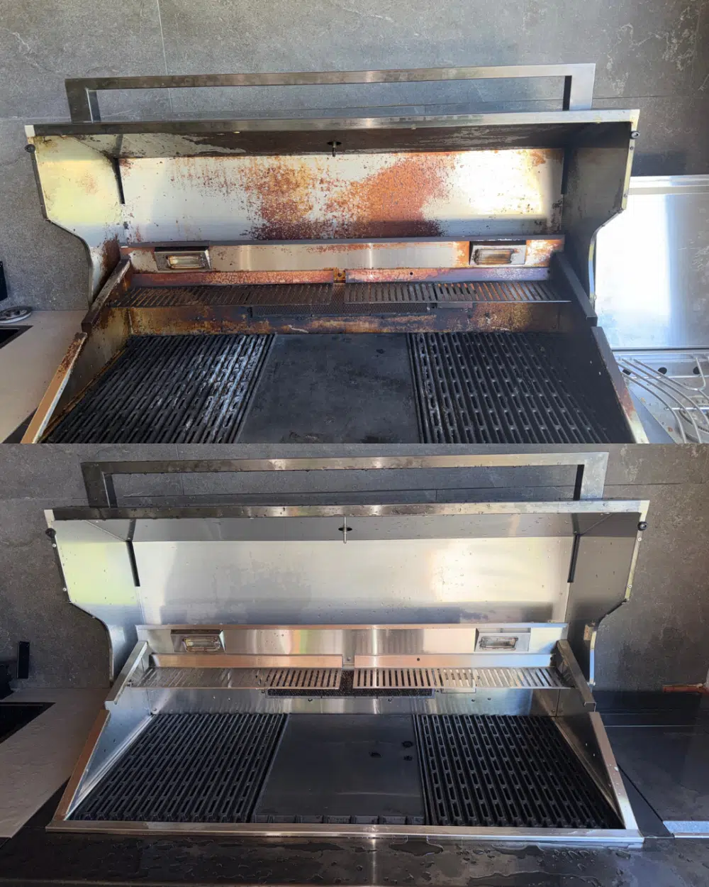 Built-in BBQ before and after cleaning, rusted hood interior restored to stainless, Emu Plains Sydney