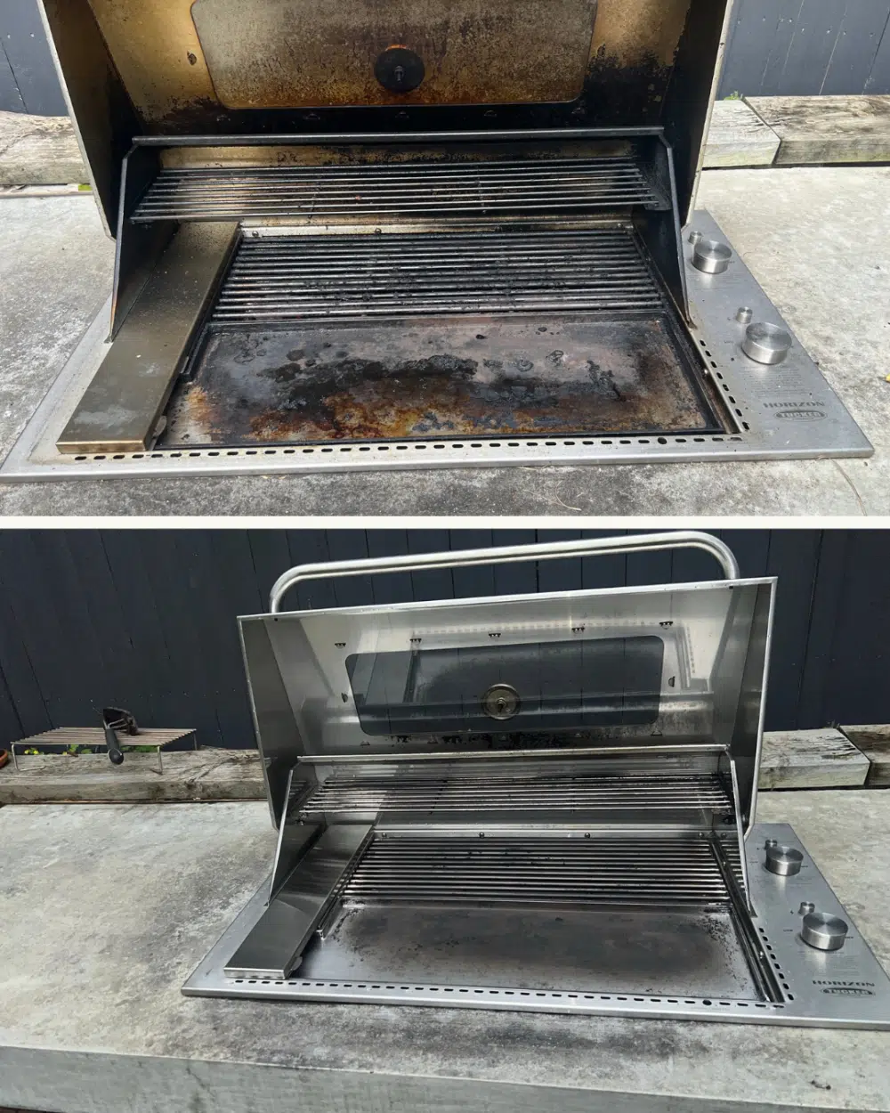 Built-in BBQ hotplate heavily carbonised before cleaning and clean stainless after, Newport