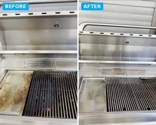 Stainless steel built-in BBQ before and after cleaning, hotplate and grates restored